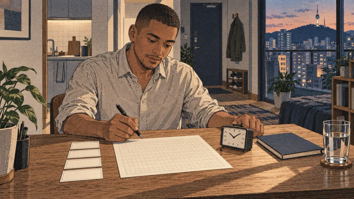 An adult learner prepares for timed writing practice with manuscript paper, outline cards and a clock in a Seoul apartment.