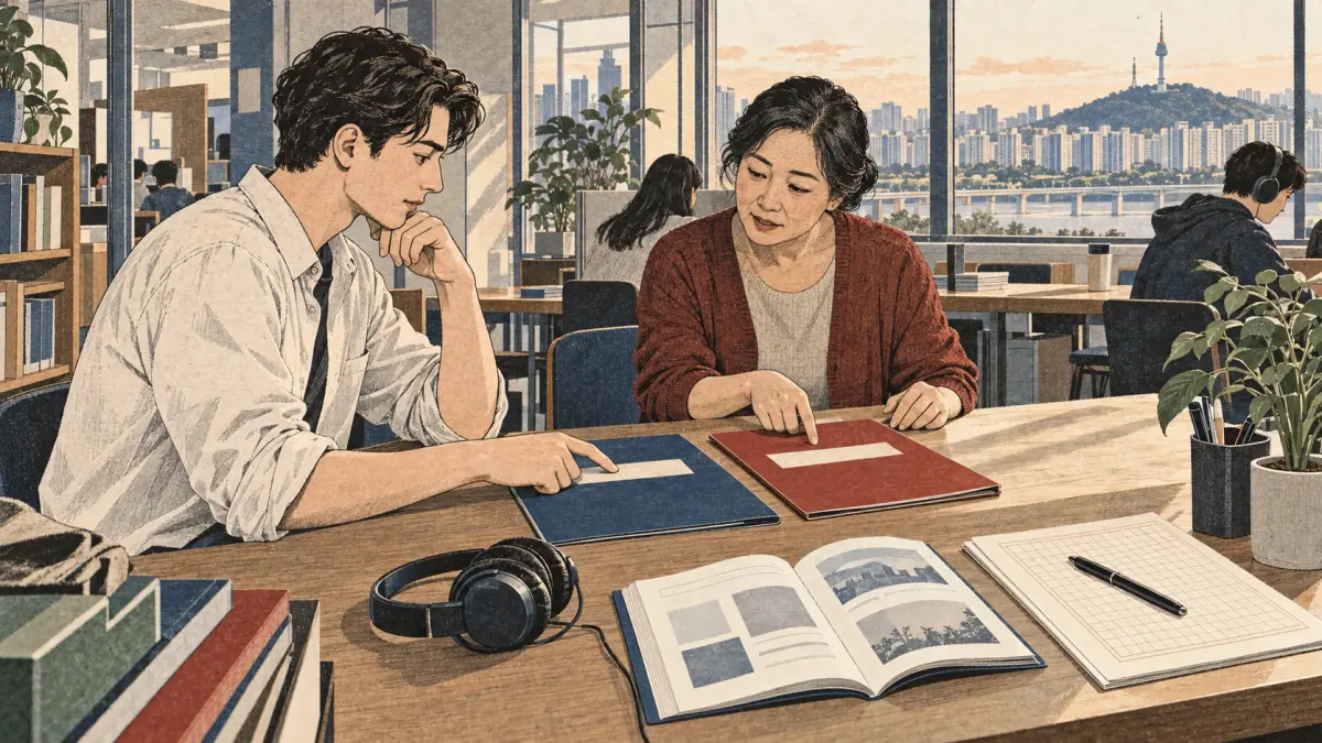 Learner and tutor choosing between two exam folders at a Seoul education centre.
