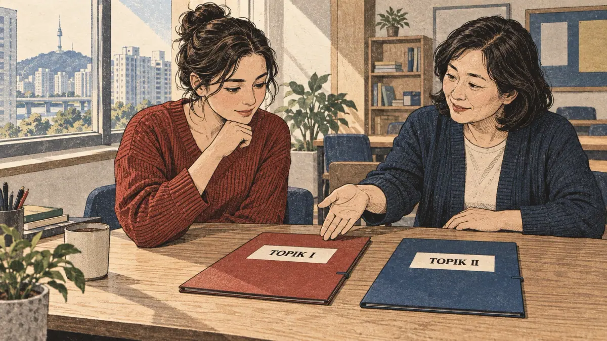 Teaching scene showing two tests in a Seoul study setting.