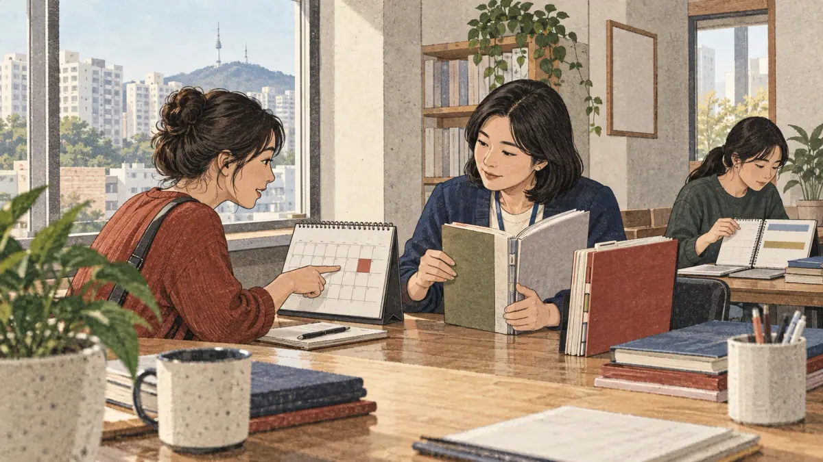 Teaching scene showing goal before route in a Seoul study setting.