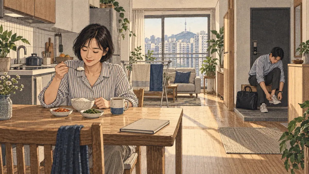 A Seoul apartment morning with adults eating breakfast and preparing to leave for work.