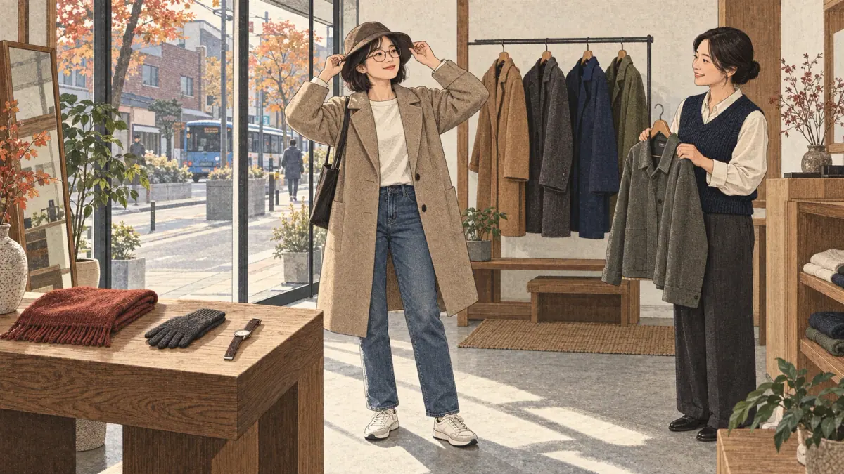 An adult trying on a hat in a Seoul clothing boutique, wearing a coat, glasses and sneakers.