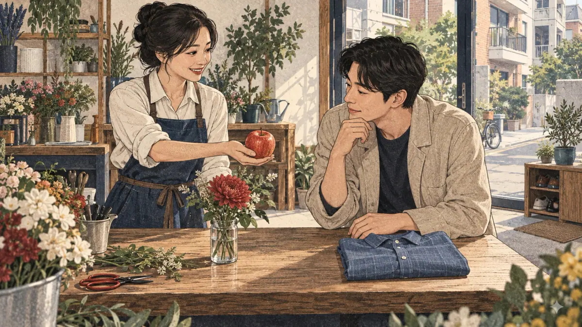 Adults practise Korean through everyday actions in a contemporary Seoul setting.