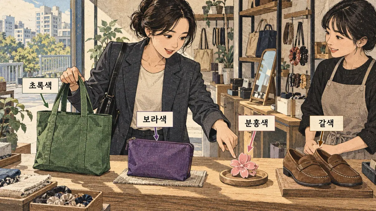 Drawings with Korean labels: 초록색 / 보라색 / 분홍색 / 갈색