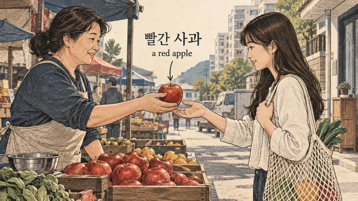 Drawings with Korean labels: 빨간 사과