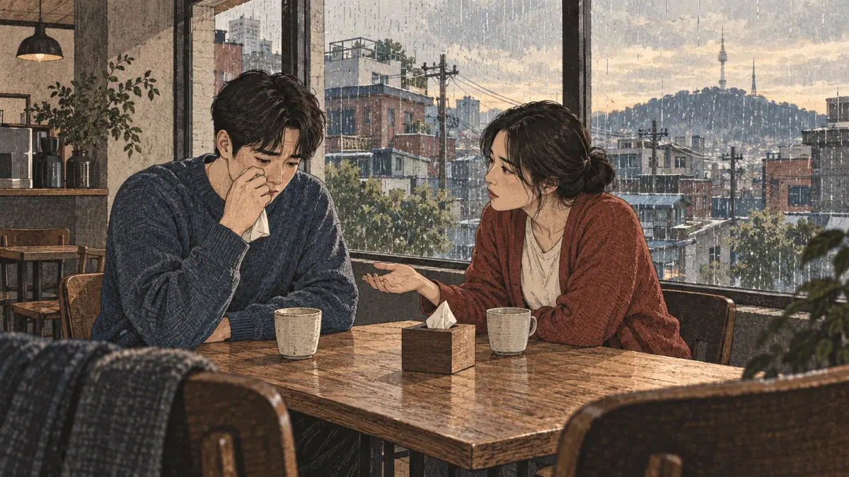 A friend comforts a visibly sad young man in a Seoul café.
