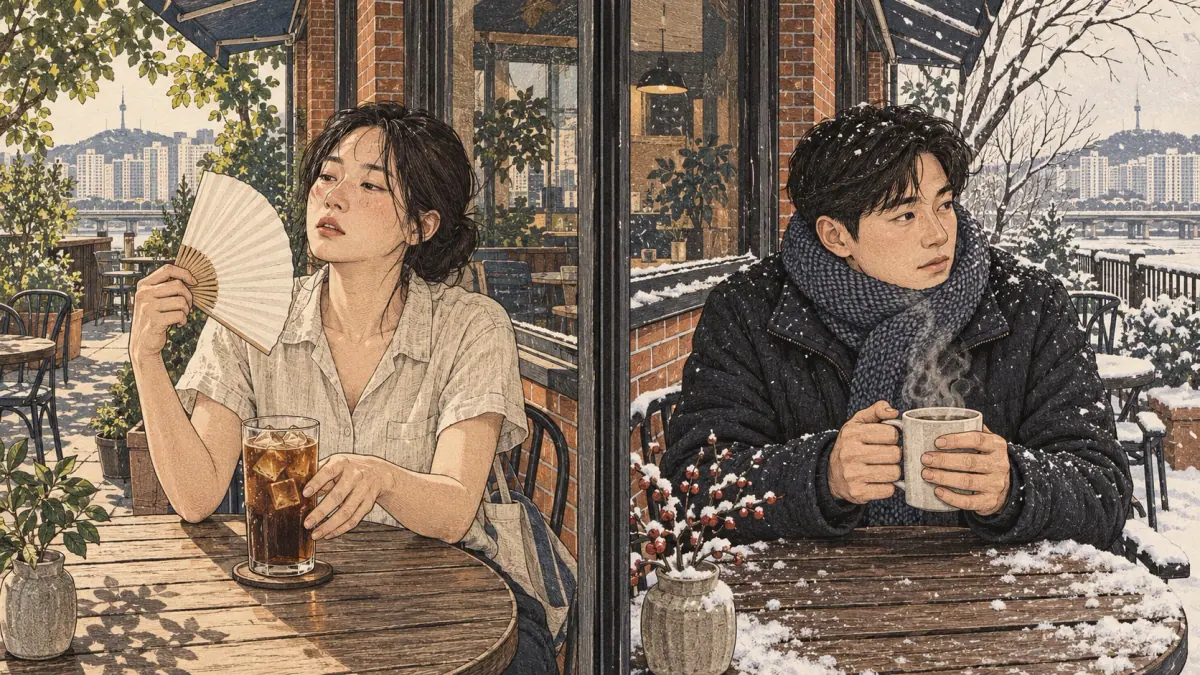 Summer and winter Seoul café moments contrast feeling hot or cold with iced and steaming drinks.