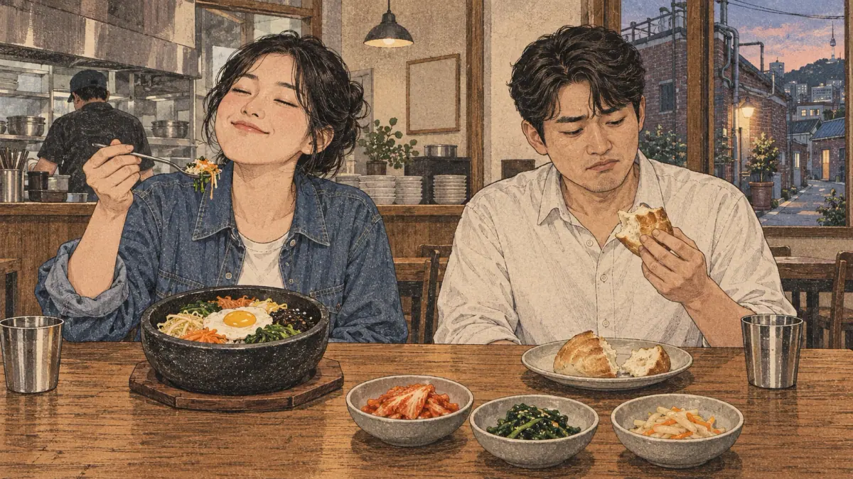 Two diners in a Korean restaurant react with delight and disappointment to their food.