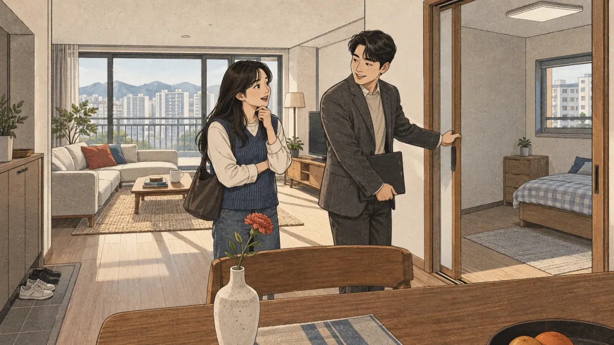 Adults practise Korean through everyday actions in a contemporary Seoul setting.