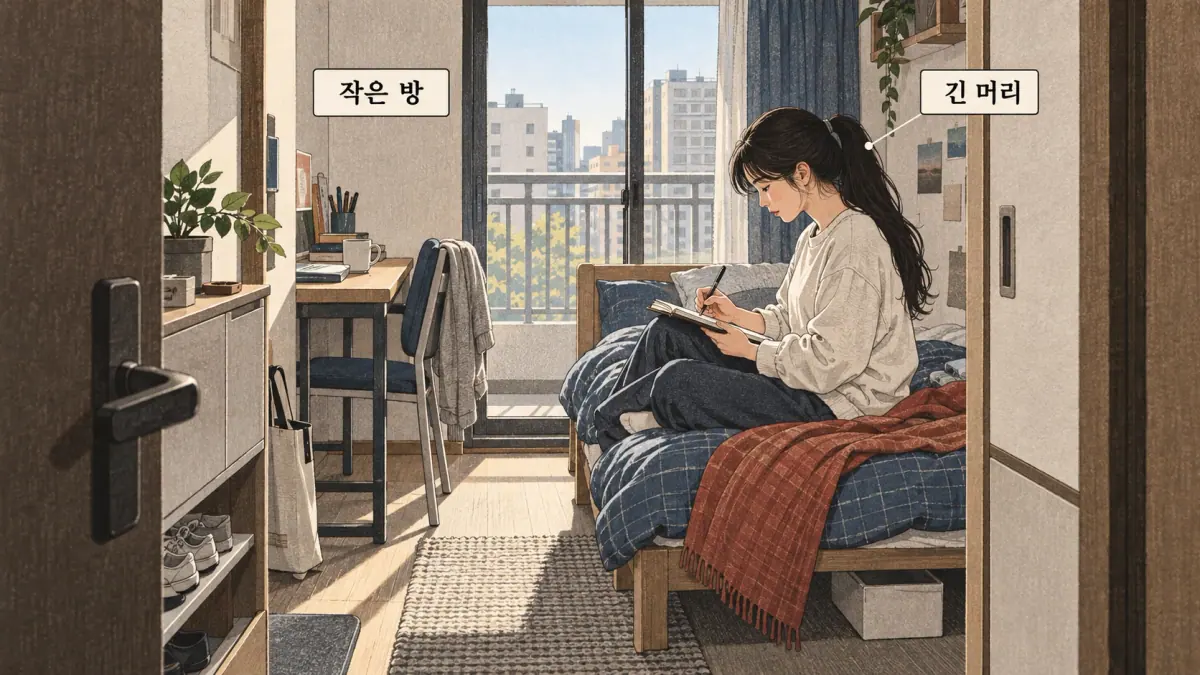 Drawings with Korean labels: 작은 방 / 긴 머리