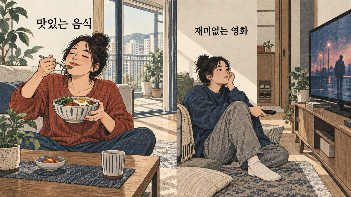 Drawings with Korean labels: 맛있는 음식 / 재미없는 영화