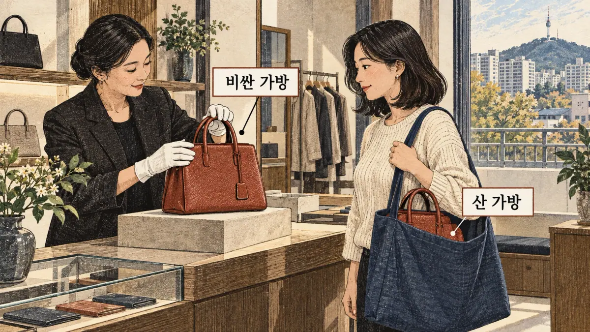 Drawings with Korean labels: 비싼 가방 / 산 가방
