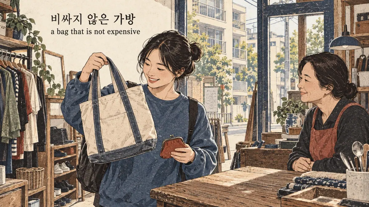 Drawings with Korean labels: 비싸지 않은 가방