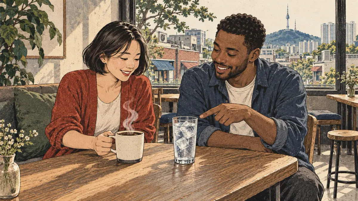 Two friends compare steaming coffee and iced water in a Seoul café.