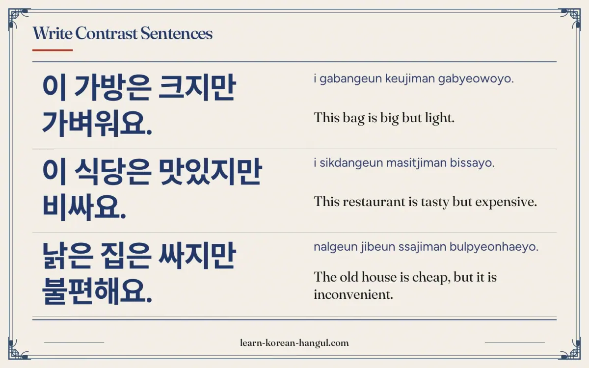 이 가방은 크지만 가벼워요. · i gabangeun keujiman gabyeowoyo. · This bag is big but light. · Write contrast sentences