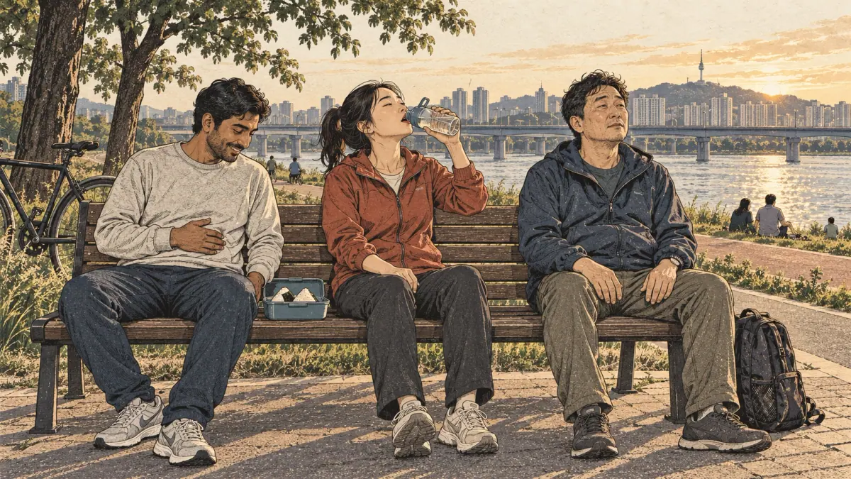 Three friends rest by the Han River, feeling thirsty, hungry and tired after a walk.