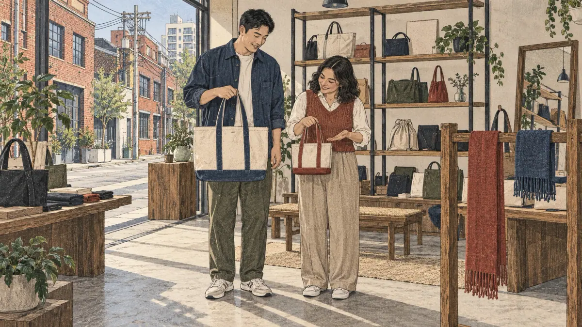 Two adults of different heights compare a large tote and a small bag in a Seoul shop.