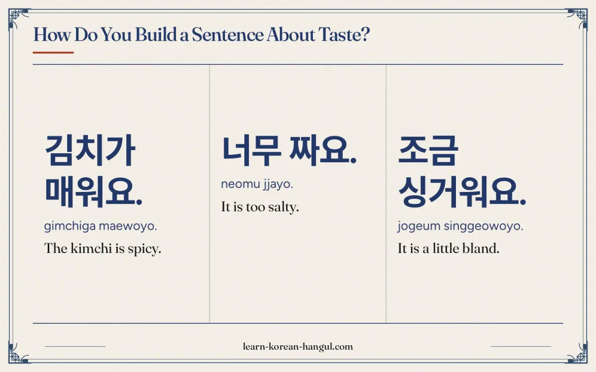 김치가 매워요. · gimchiga maewoyo. · The kimchi is spicy. · How do you build a sentence about taste?