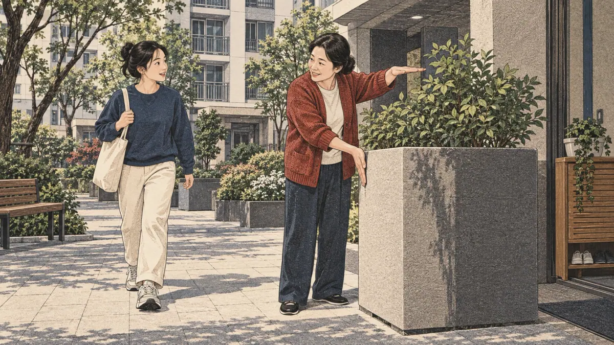 Adults practise Korean through everyday actions in a contemporary Seoul setting.