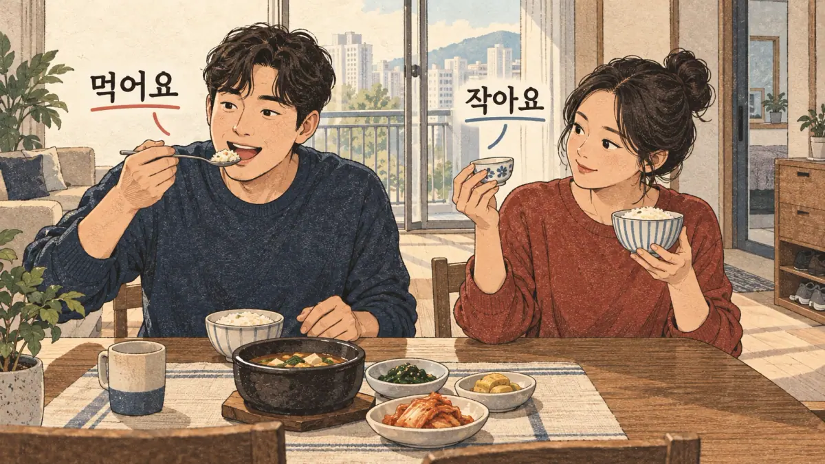 Drawings with Korean labels: 먹어요 / 작아요