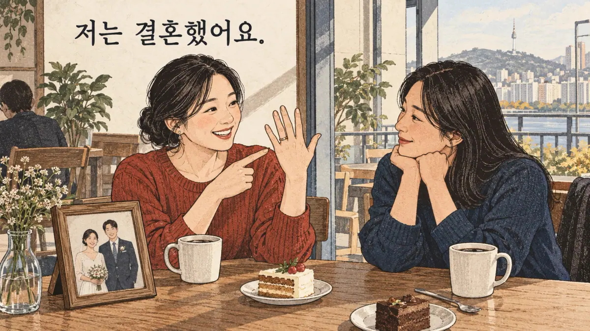 Drawings with Korean labels: 저는 결혼했어요.