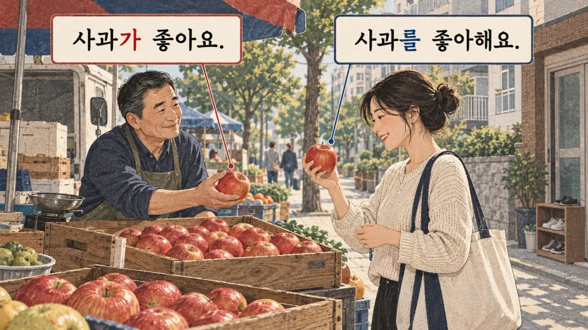 Drawings with Korean labels: 사과가 좋아요. / 사과를 좋아해요.