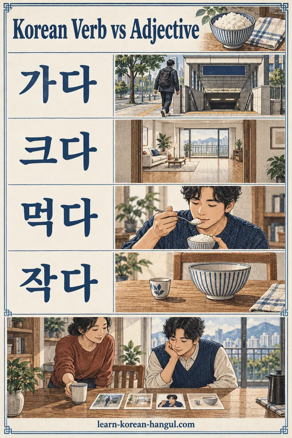 Drawings with Korean labels: 가다 / 크다 / 먹다 / 작다
