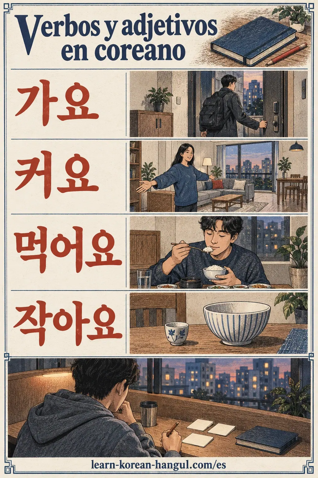 Dibujos con etiquetas coreanas: 가요 / 커요 / 먹어요 / 작아요