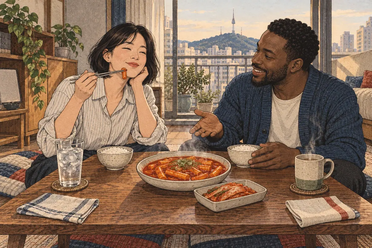 Friends describe a delicious meal and compare hot tea with a cold drink in a Seoul apartment.