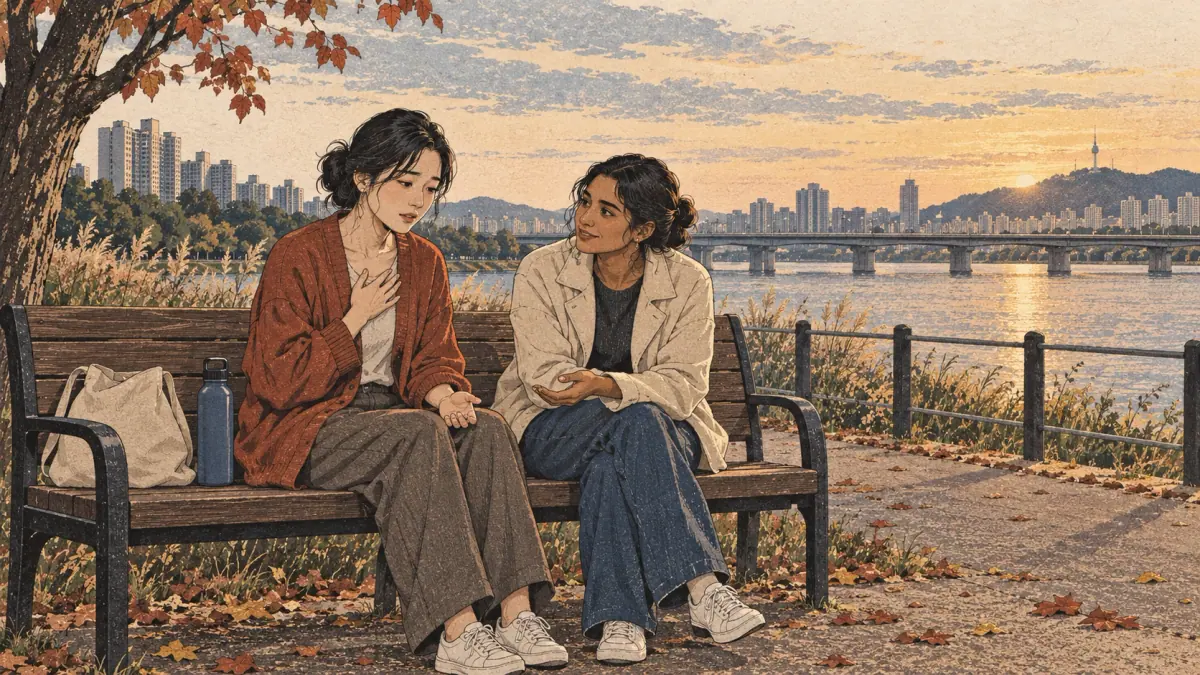 A tired friend shares her feelings with a supportive companion on a Seoul riverside bench.