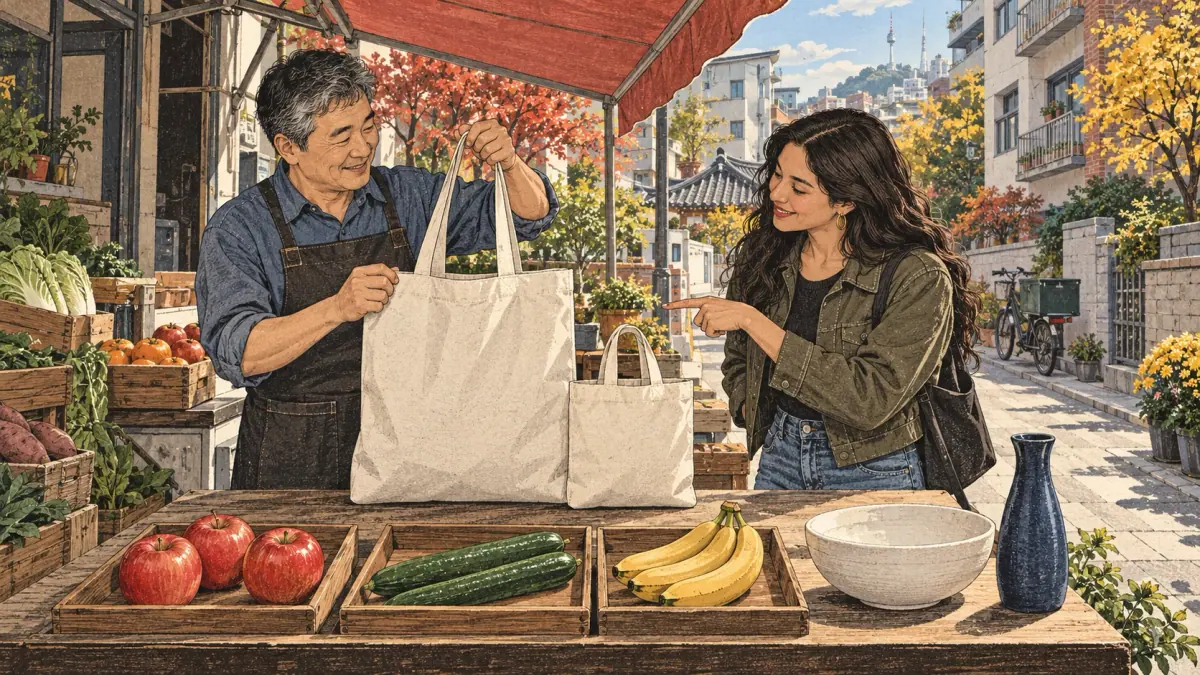 Shoppers compare large and small bags, round apples and long vegetables at a Seoul market stall.