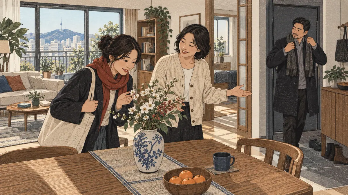 Adults practise Korean through everyday actions in a contemporary Seoul setting.