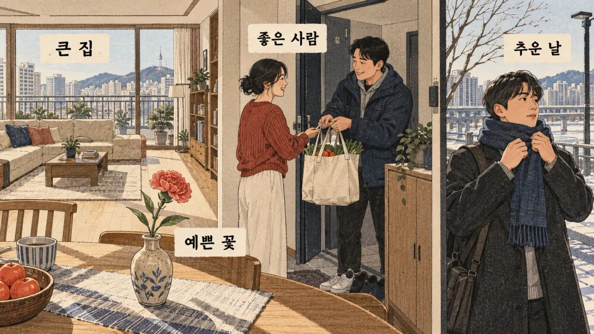 Drawings with Korean labels: 큰 집 / 좋은 사람 / 예쁜 꽃 / 추운 날
