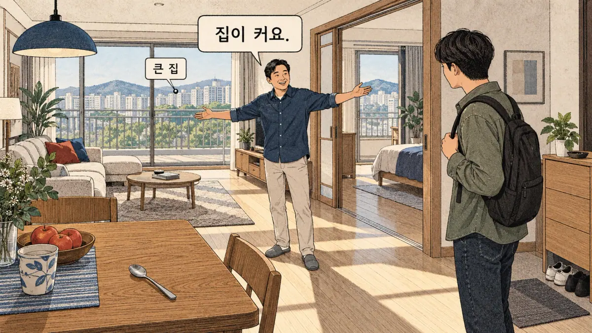 Drawings with Korean labels: 집이 커요. / 큰 집