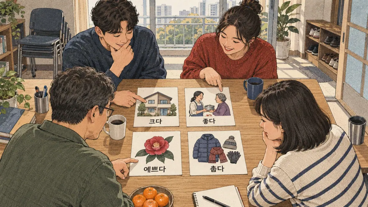 Drawings with Korean labels: 크다 / 좋다 / 예쁘다 / 춥다