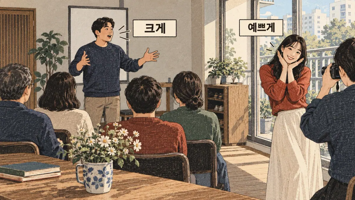 Drawings with Korean labels: 크게 / 예쁘게