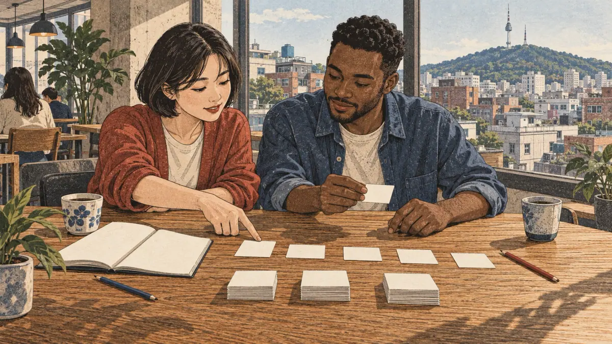 Two learners sorting verb practice cards at a Seoul café table.