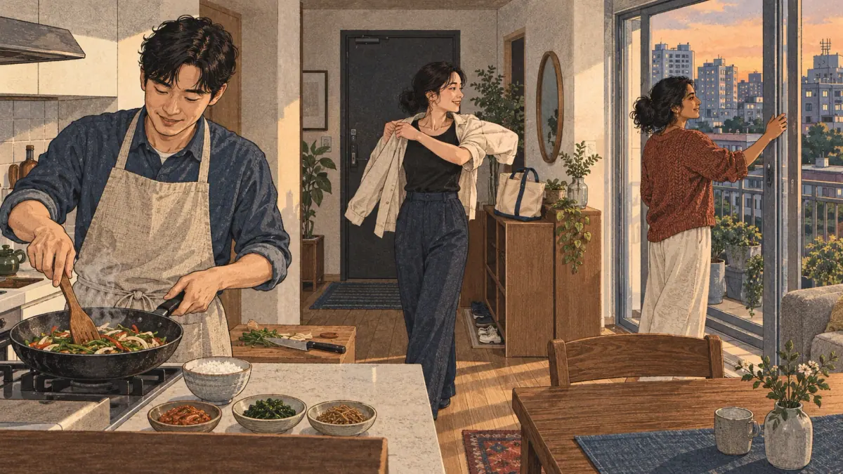 Three adults cooking, putting on a jacket and opening a window in a Seoul apartment.