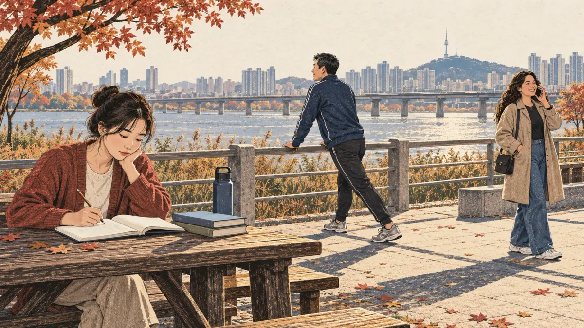 Adults studying, exercising and making a phone call beside the Han River in Seoul.