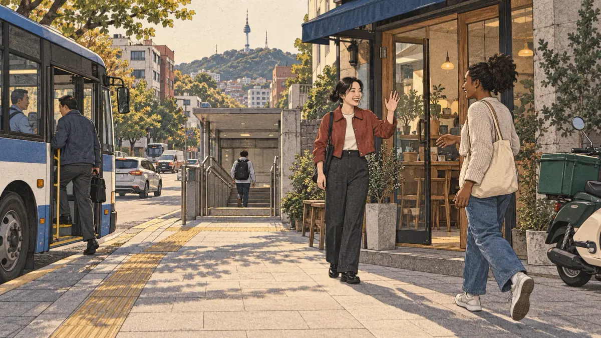 Friends greet each other on a Seoul sidewalk while commuters board a bus and climb subway stairs.