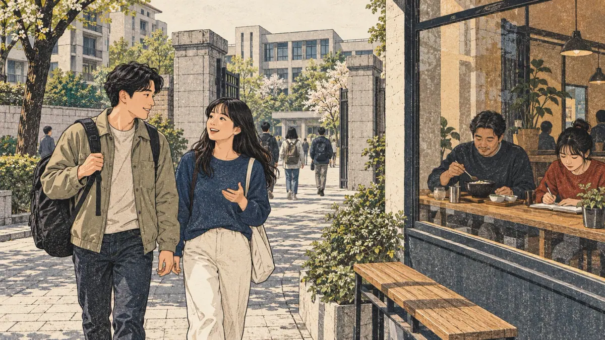 Adults practise Korean through everyday actions in a contemporary Seoul setting.