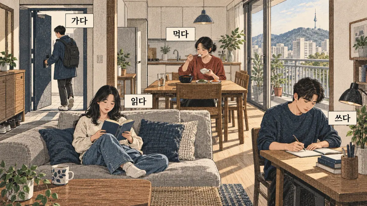 Drawings with Korean labels: 가다 / 먹다 / 읽다 / 쓰다