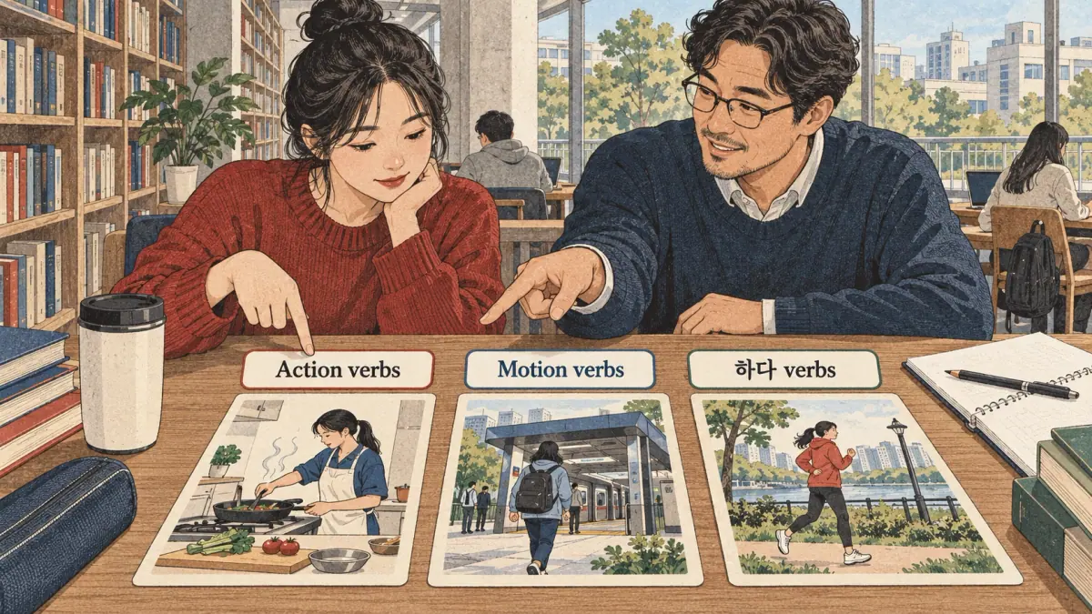 Drawings with Korean labels: 하다 verbs