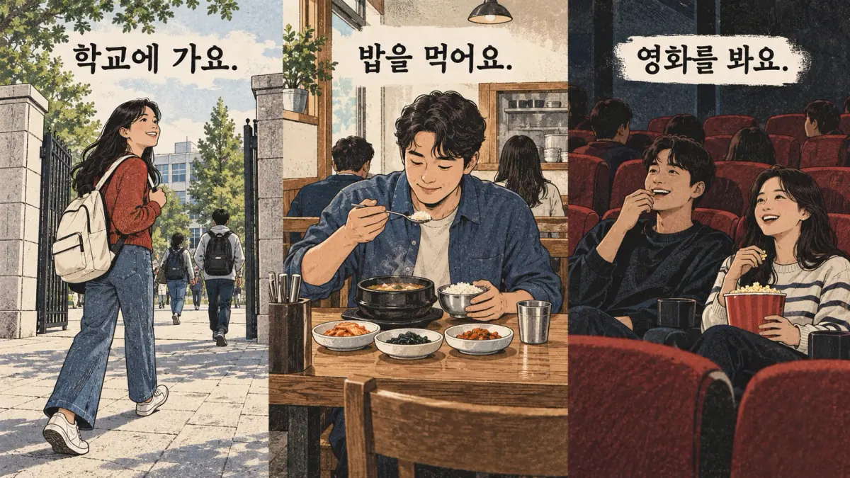Drawings with Korean labels: 학교에 가요. / 밥을 먹어요. / 영화를 봐요.