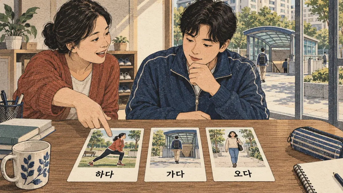 Drawings with Korean labels: 하다 / 가다 / 오다