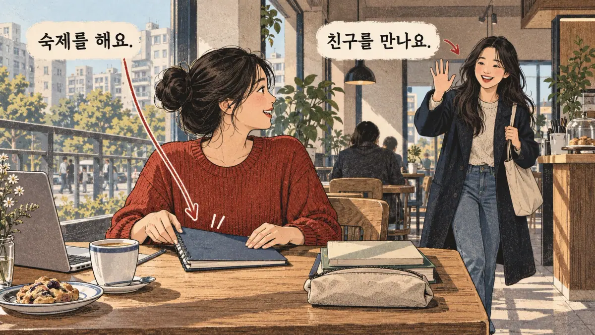 Drawings with Korean labels: 숙제를 해요. / 친구를 만나요.