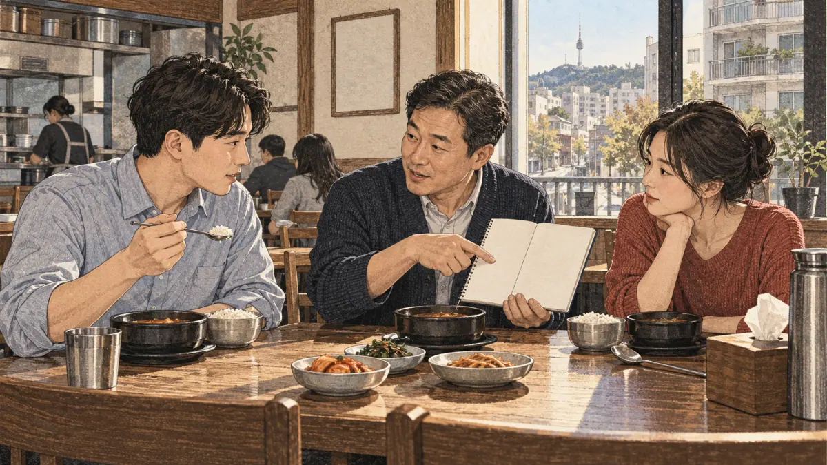 Adults practise Korean through everyday actions in a contemporary Seoul setting.