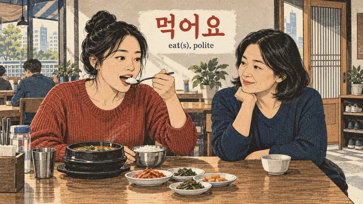 Drawings with Korean labels: 먹어요
