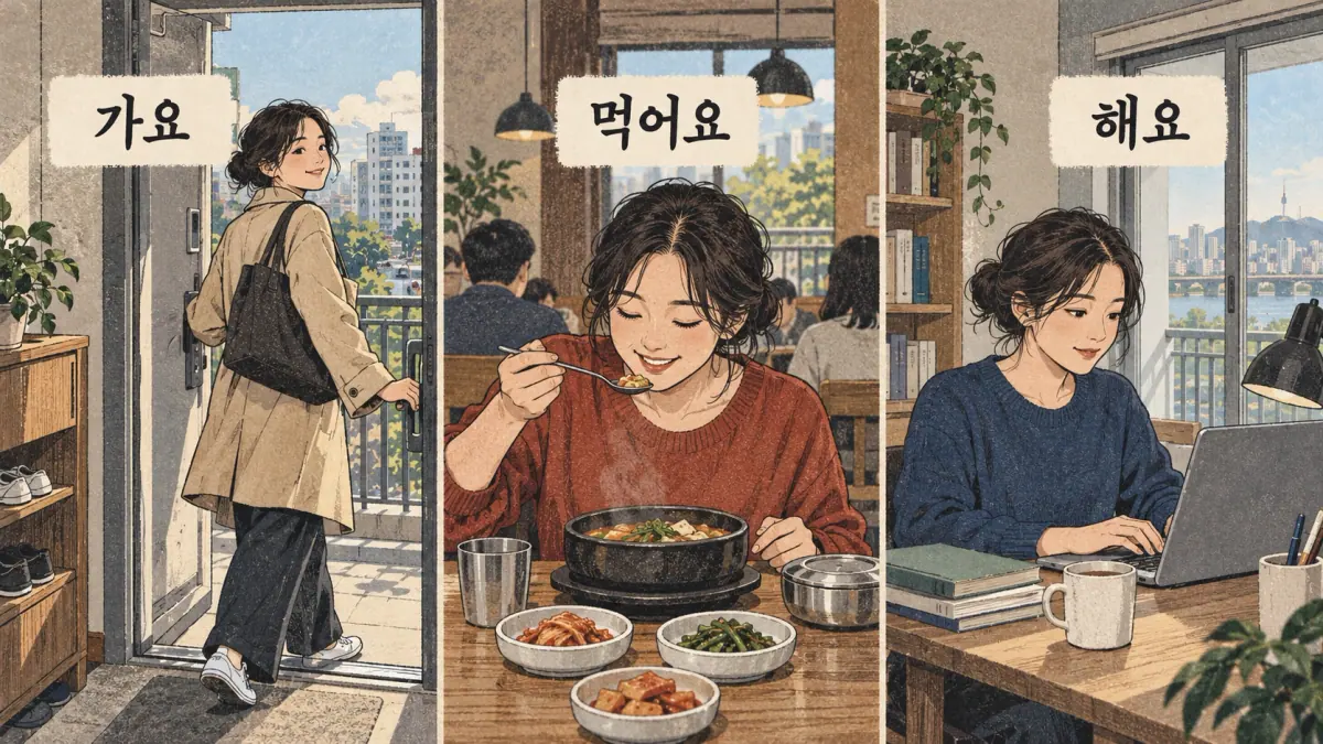 Drawings with Korean labels: 가요 / 먹어요 / 해요