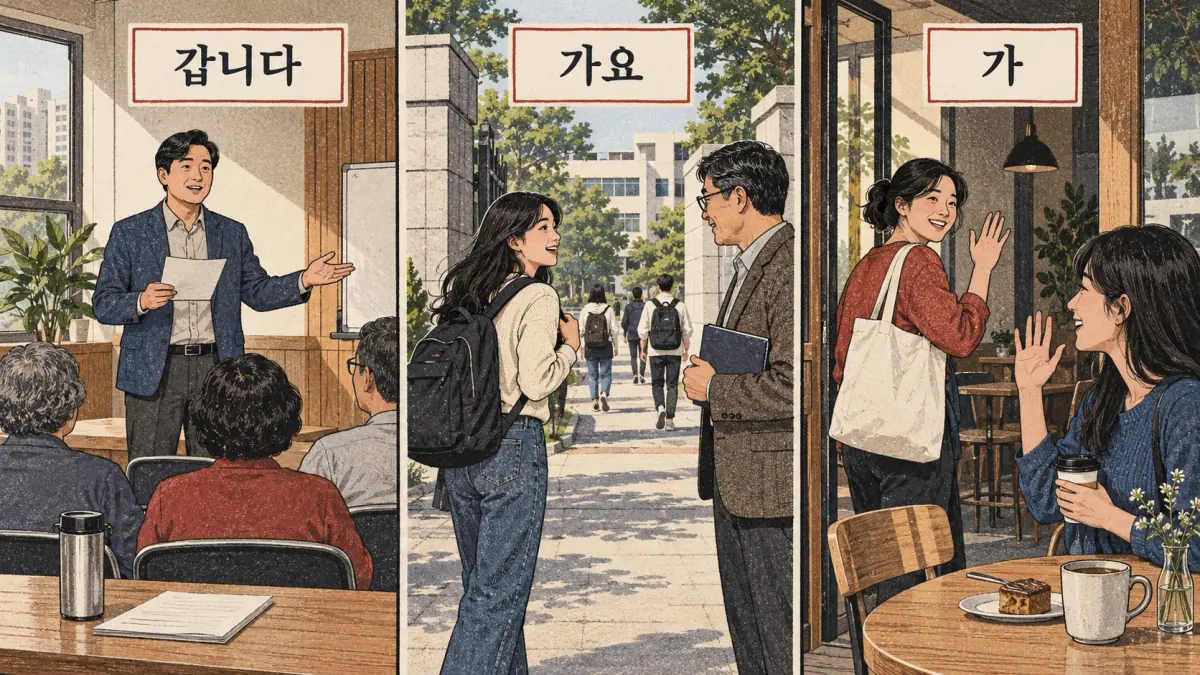 Drawings with Korean labels: 갑니다 / 가요 / 가